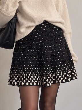 MAX STUDIO Black Knit Skater Skirt Geometric Border Print Y2K S/M
